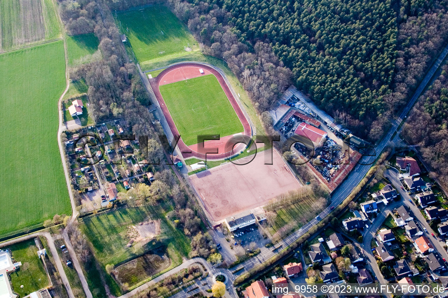 Aerial view of Sports ground in Bellheim in the state Rhineland-Palatinate, Germany