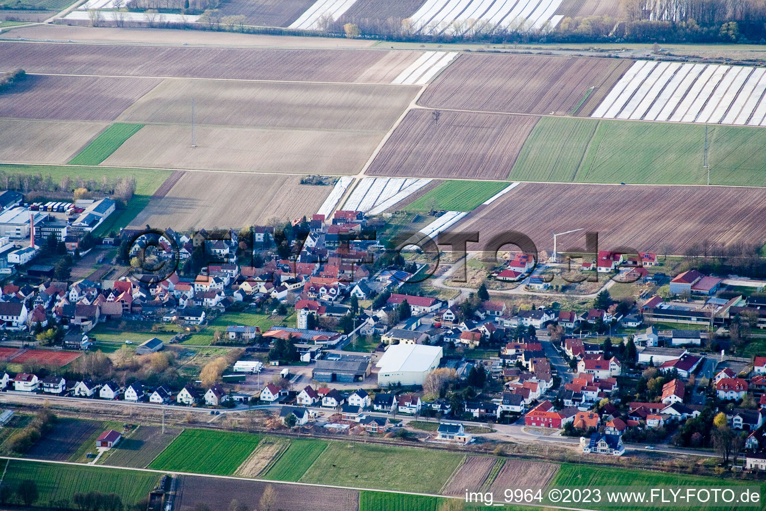 Aerial view of Niederlustadt in Lustadt in the state Rhineland-Palatinate, Germany