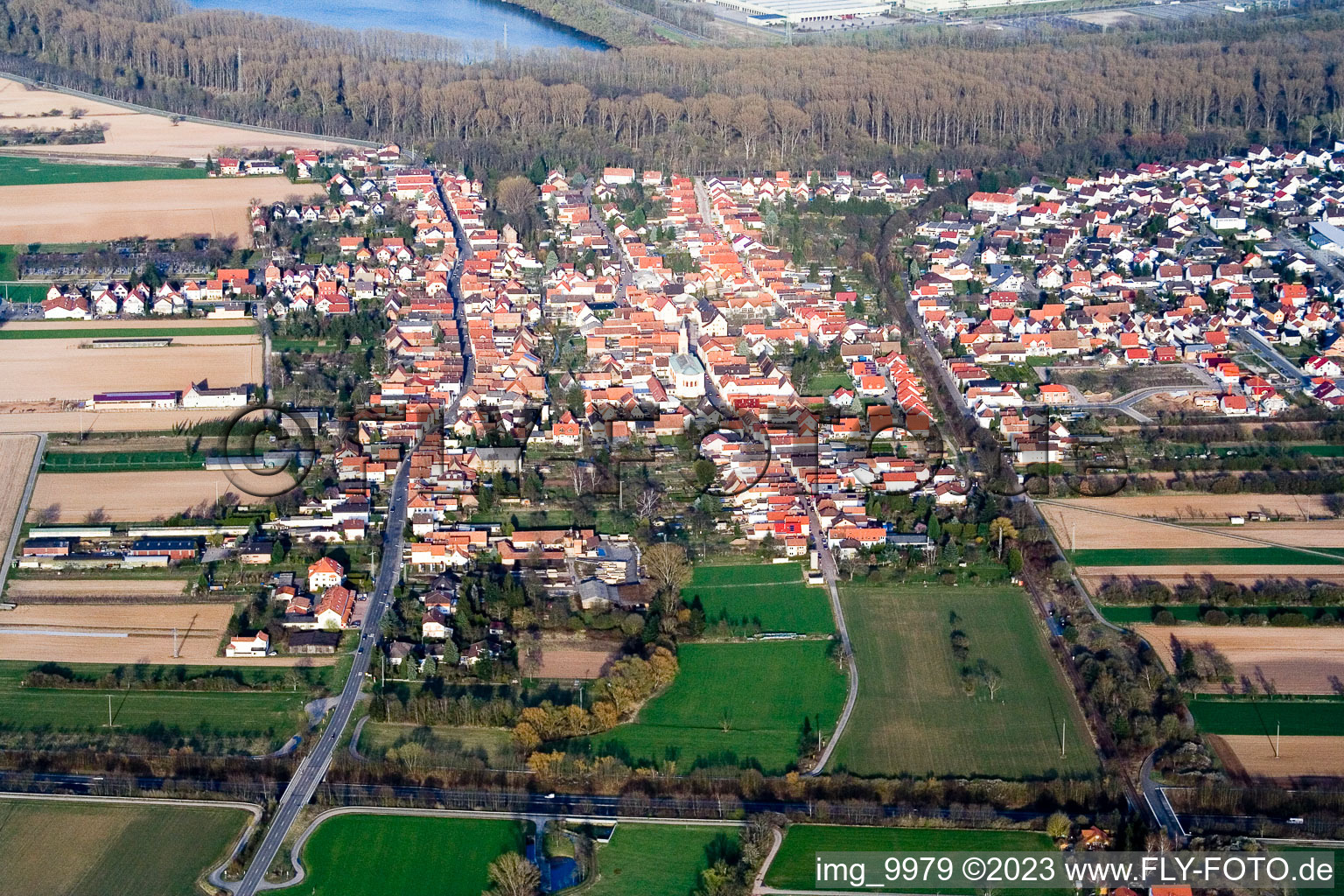Lingenfeld in the state Rhineland-Palatinate, Germany seen from above