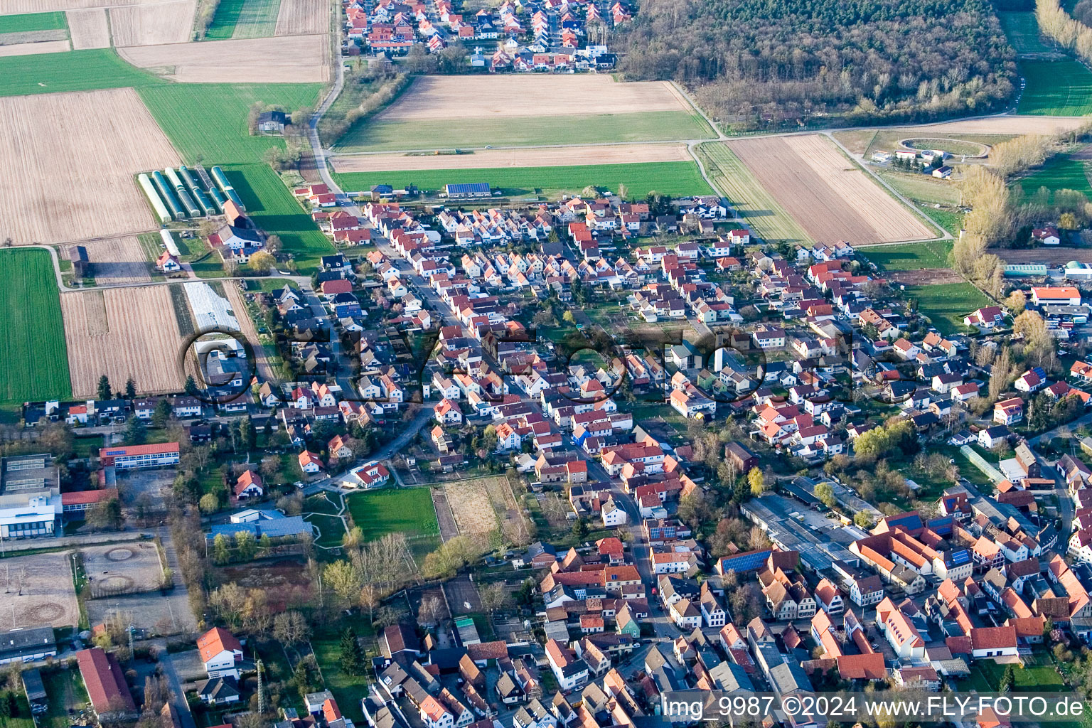 Town View of the streets and houses of the residential areas in Schwegenheim in the state Rhineland-Palatinate from above