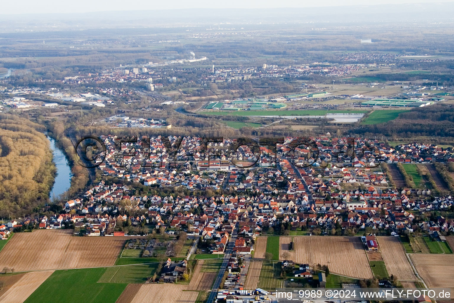 Bird's eye view of Lingenfeld in the state Rhineland-Palatinate, Germany