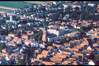 Aerial view of St. George's Church from the balloon in Kandel in the state Rhineland-Palatinate, Germany