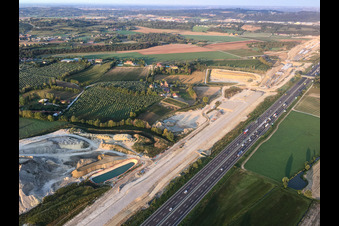 Aerial photograpy of Tunnel construction site along the A4 in the district Bornade di Sotto in Desenzano del Garda in the state Brescia, Italy