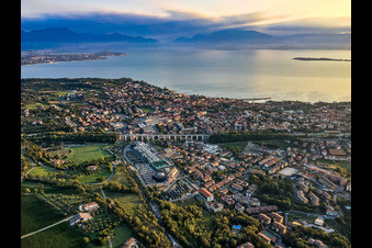 Railway viaduct Viadotto ferroviario di Desenzano on Lake Garda, Complesso Commerciale Le Vele in Desenzano del Garda in the state Brescia, Italy