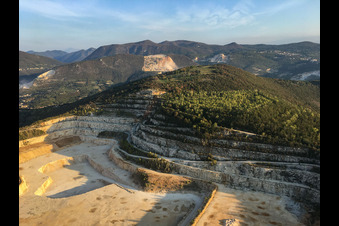 Aerial view of Cava Italcementi limestone quarry in Mazzano in the state Brescia, Italy