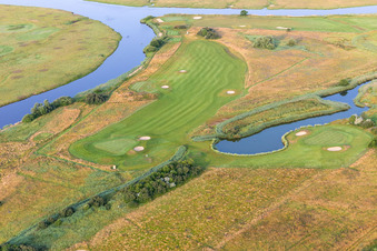 Aerial view of Grounds of the Golf course at of Golfclub Buesum Dithmarschen e.V. in Warwerort in the state Schleswig-Holstein, Germany