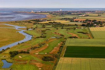 Oblique view of Grounds of the Golf course at of Golfclub Buesum Dithmarschen e.V. in Warwerort in the state Schleswig-Holstein, Germany