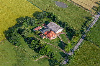 Aerial view of Blankenmoorer Straße in the district Blankenmoor in Neuenkirchen in the state Schleswig Holstein, Germany