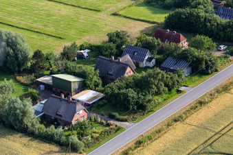 Aerial photograpy of Former dike keepers' farms on Schülpersieler Straße in Wesselburenerkoog in the state Schleswig Holstein, Germany