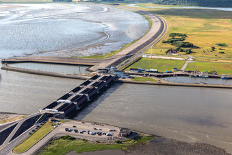 Aerial view of Lockage of the Eider-Sperrwerk in Wesselburenerkoog in the state Schleswig-Holstein