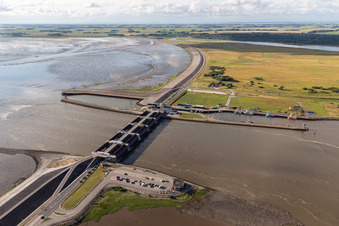 Aerial view of Eider Barrage in Tönning in the state Schleswig Holstein, Germany