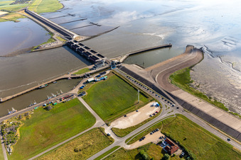 Lockage of the Eider-Sperrwerk in Wesselburenerkoog in the state Schleswig-Holstein from above