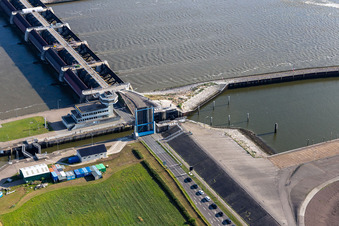 Lockage of the Eider-Sperrwerk in Wesselburenerkoog in the state Schleswig-Holstein out of the air