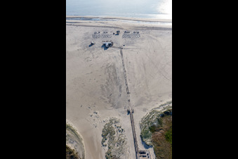 Aerial view of Sandy beach landscape on the North Sea - coast in the district of Sankt Peter-Ording Parking and gastronomy Die Seekiste in Sankt Peter-Ording in Schleswig-Holstein