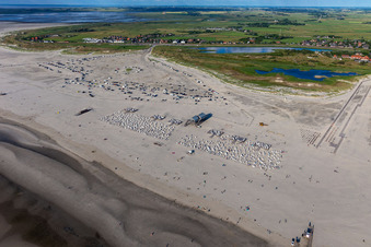 Beach chair on the sandy beach ranks in the coastal area of North Sea in the district Sankt Peter-Ording in Sankt Peter-Ording in the state Schleswig-Holstein, Germany