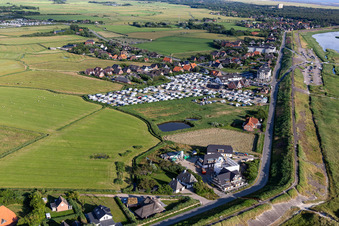 Campsite Biehl with caravans and tents on the beach of North Sea in Sankt Peter-Ording in the state Schleswig-Holstein, Germany