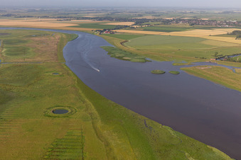 Aerial view of Oldensworter Vorland nature reserve on the Eider in the district Hemmerdeich in Oldenswort in the state Schleswig Holstein, Germany