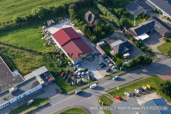 Aerial view of Witzworter Straße commercial area, Tramsen car dealership in the district Hörn in Friedrichstadt in the state Schleswig Holstein, Germany