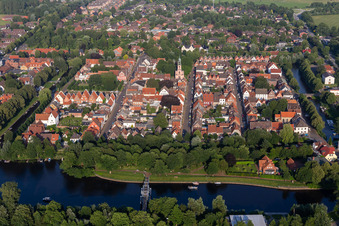 Aerial view of Town on the banks of the rivers Treene, Westersielzug and Eider in Friedrichstadt in the state Schleswig-Holstein, Germany