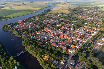 Aerial photograpy of Town on the banks of the rivers Treene, Westersielzug and Eider in Friedrichstadt in the state Schleswig-Holstein, Germany