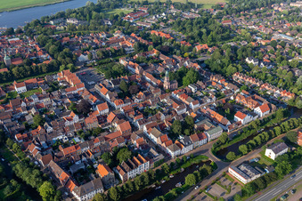 Aerial view of Canal city between Treene, Westersielzug and Eider from the southwest in Friedrichstadt in the state Schleswig Holstein, Germany