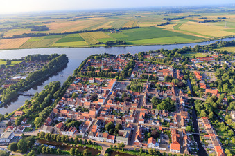 Aerial view of Canal city between Treene, Westersielzug and Eider from the south in Friedrichstadt in the state Schleswig Holstein, Germany