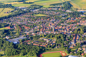 City overview from the southwest in Tönning in the state Schleswig Holstein, Germany