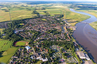 Town view of the streets and houses of the residential areas in Toenning an der Eider in the state Schleswig-Holstein, Germany
