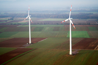 Aerial view of Wind turbines in Minfeld in the state Rhineland-Palatinate, Germany