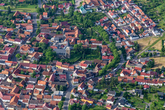 Aerial view of Town View of the streets and houses of the residential areas in Seebergen in the state Thuringia, Germany