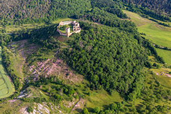 Aerial view of Ruins and remains of the walls of the former castle complex and fortress Burg Gleichen on Thomas-Müntzer-Straße in the district Wandersleben in Drei Gleichen in the state Thuringia, Germany