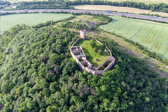Gleichen Castle in the district Wandersleben in Drei Gleichen in the state Thuringia, Germany viewn from the air