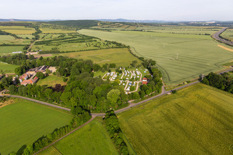 Aerial view of Camping with caravans and tents in Muehlberg in the state Thuringia, Germany