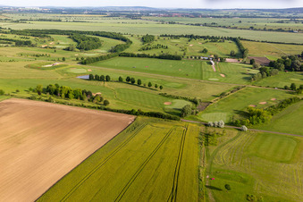 Grounds of the Golf course at " Drei Gleichen Muehlberg e.V. " in Muehlberg in the state Thuringia, Germany from above