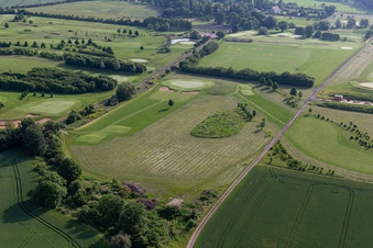Grounds of the Golf course at " Drei Gleichen Muehlberg e.V. " in Muehlberg in the state Thuringia, Germany seen from above