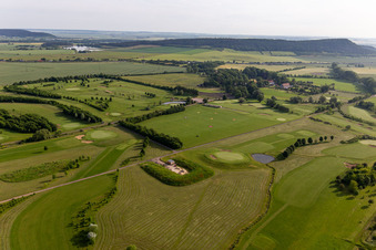 Grounds of the Golf course at " Drei Gleichen Muehlberg e.V. " in Muehlberg in the state Thuringia, Germany viewn from the air