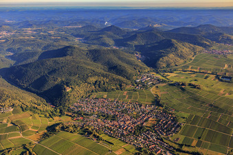 Winegrowing village on the edge of the Palatinate Forest from the east in Klingenmünster in the state Rhineland-Palatinate, Germany