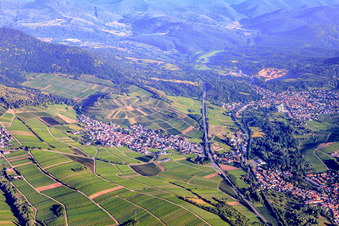 Winegrowing village on the edge of the Palatinate Forest from the east in Birkweiler in the state Rhineland-Palatinate, Germany