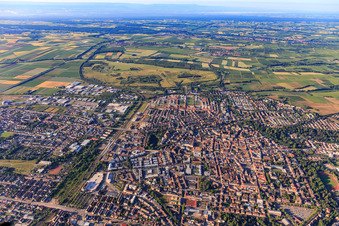 City overview on both sides of the railway line from the north in Landau in der Pfalz in the state Rhineland-Palatinate, Germany