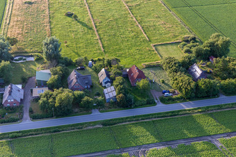 Drone recording of Schülpersieler Street in the district Schülperweide in Wesselburenerkoog in the state Schleswig Holstein, Germany