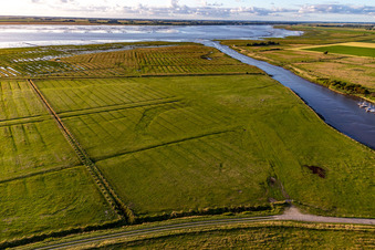 Aerial photograpy of Dithmarscher Eider Foreland in Wesselburenerkoog in the state Schleswig Holstein, Germany