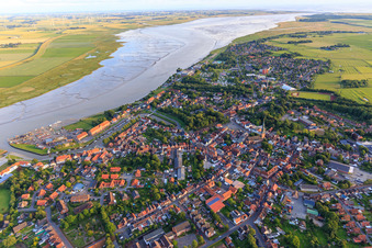 City overview on the Eider from the north in Tönning in the state Schleswig Holstein, Germany