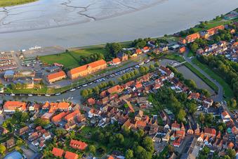 Port Tönning with the White Bridge and Tönninger Packhaus in Tönning in the state Schleswig Holstein, Germany