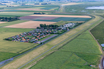 Aerial view of Holiday home settlement and camping Wesselburenerkoog in Wesselburenerkoog in the state Schleswig Holstein, Germany
