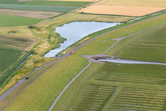 Aerial view of North Sea dam at Heringsand in Wesselburenerkoog in the state Schleswig Holstein, Germany