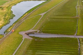 Aerial photograpy of North Sea dam at Heringsand in Wesselburenerkoog in the state Schleswig Holstein, Germany