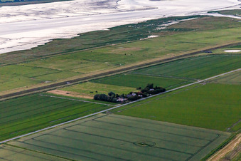 Aerial view of Schülpersieler Street in Wesselburenerkoog in the state Schleswig Holstein, Germany