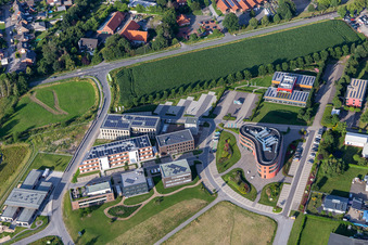 Aerial view of Industrial estate and company settlement with SHOPMACHER eCommerce GmbH & Co. KG, Windhoff Group and d.velop in Gescher in the state North Rhine-Westphalia, Germany