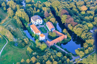 Aerial view of Pröbsting Castle on the Bochholter Aa in the district Hoxfeld in Borken in the state North Rhine-Westphalia, Germany
