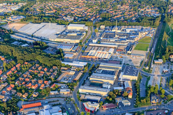 Aerial view of Industrial area at the train station with Irisette GmbH & Co. KG, Vesuvius GmbH and BIERBAUM UNTERNEHMENSGRUPPE GMBH in Borken in the state North Rhine-Westphalia, Germany